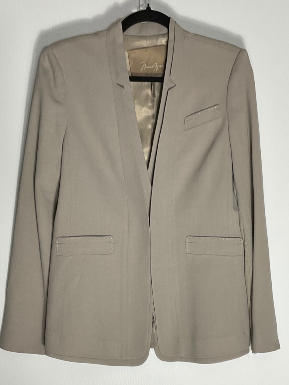 Max Azria Collarless Blazer Taupe Gray Wool Blend Open Front Women's Small